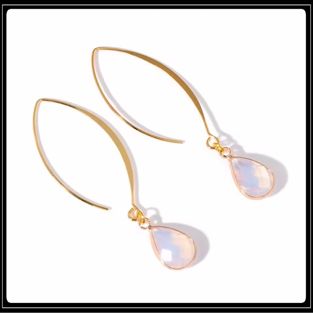 New gold iridescent opal stone drop hook oval stone bohemian hippie earrings